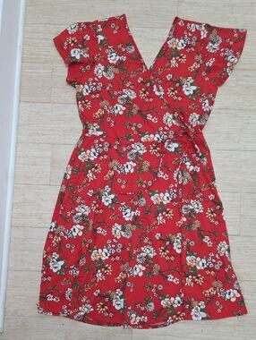Kaileigh Red Floral Faux Wrap Dress with Tie Waist